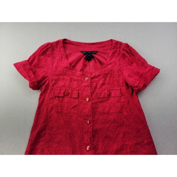 Marc By Marc Jacobs Women 2 Candy Apple Red Button Up Top Floral Jacquard Blouse - Picture 3 of 7